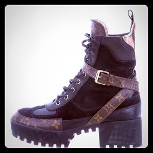 Louis Vuitton MONOGRAM-TRIMMED COMBAT ANKLE BOOTS